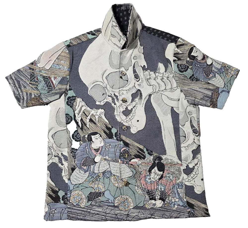 Rebel Vengeance Tapestry Shirt Japanese Skeleton Gashadokuro Graphic Art Vtg Y2K
